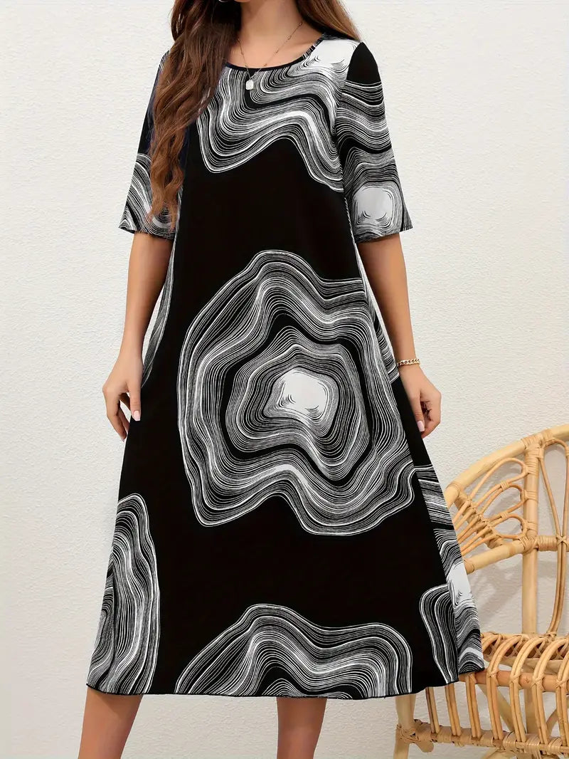 Women's Dress - Midi Length - A-Line Fit - Round Neck - Abstract Pattern