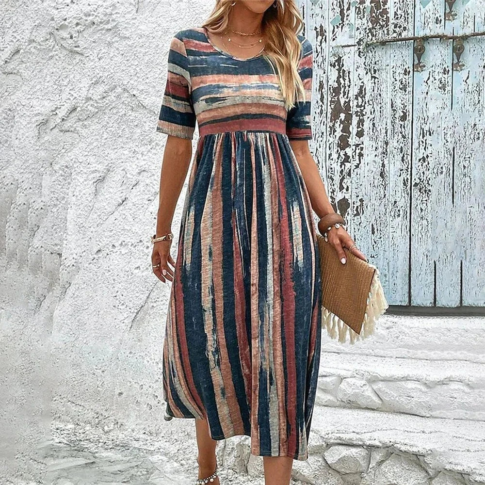 Women's Maxi Dress - Knitted Pattern - High Waist - Short Sleeves - Round Neck
