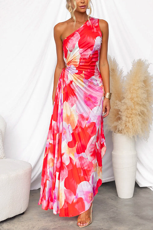 Women Maxi Dress - One-Shoulder Design - Pleated Flowy Skirt - Elegant Party Dress
