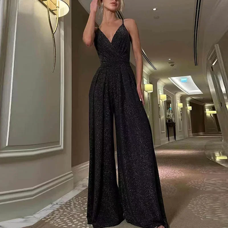 Women's Jumpsuit – Sleeveless V-Neck – Fitted Waist – Wide Legs – Shiny Finish