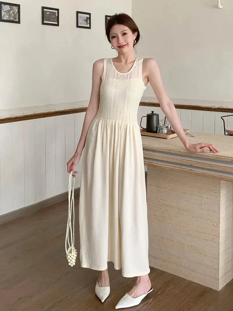 Women's Dress - Sleeveless A-line - Light and Elegant - Embroidered Top - Round Neck