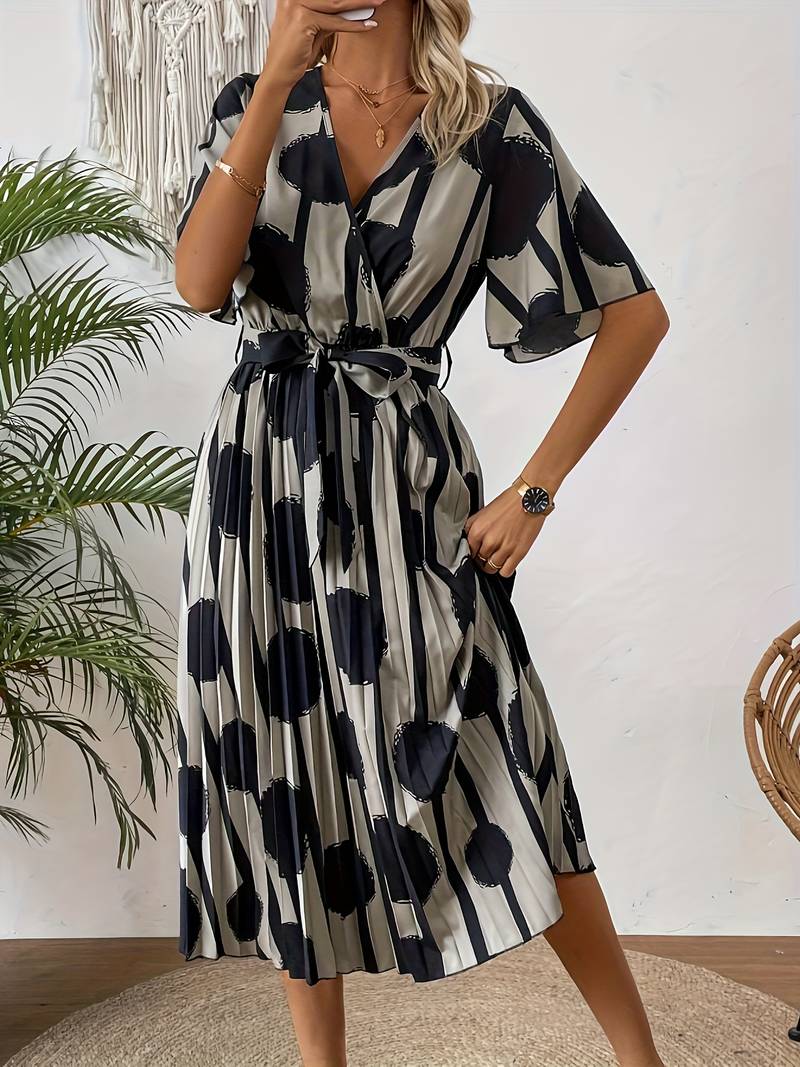 Women's Midi Dress - Polka Dotted - Tie Belt - Pleated Skirt - Elegant Elbow-Length Sleeves