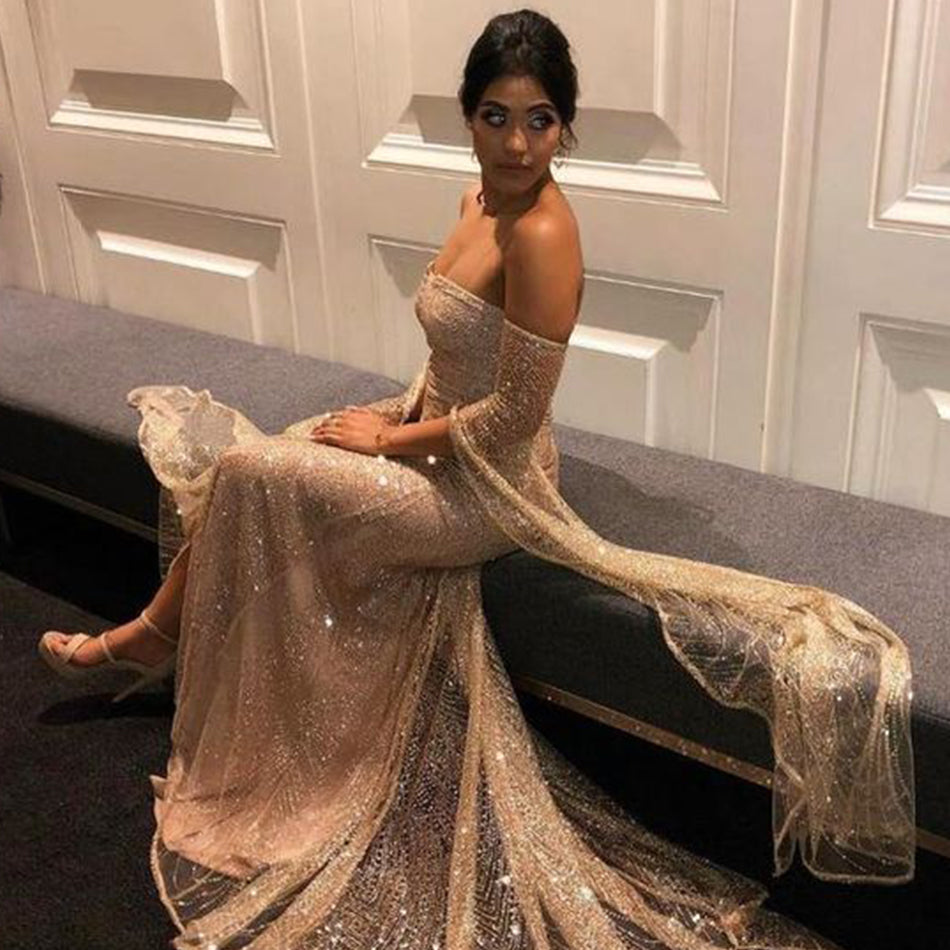 Women Evening Dress - Shiny Fabric - Fitted - Off-Shoulder - High Slit