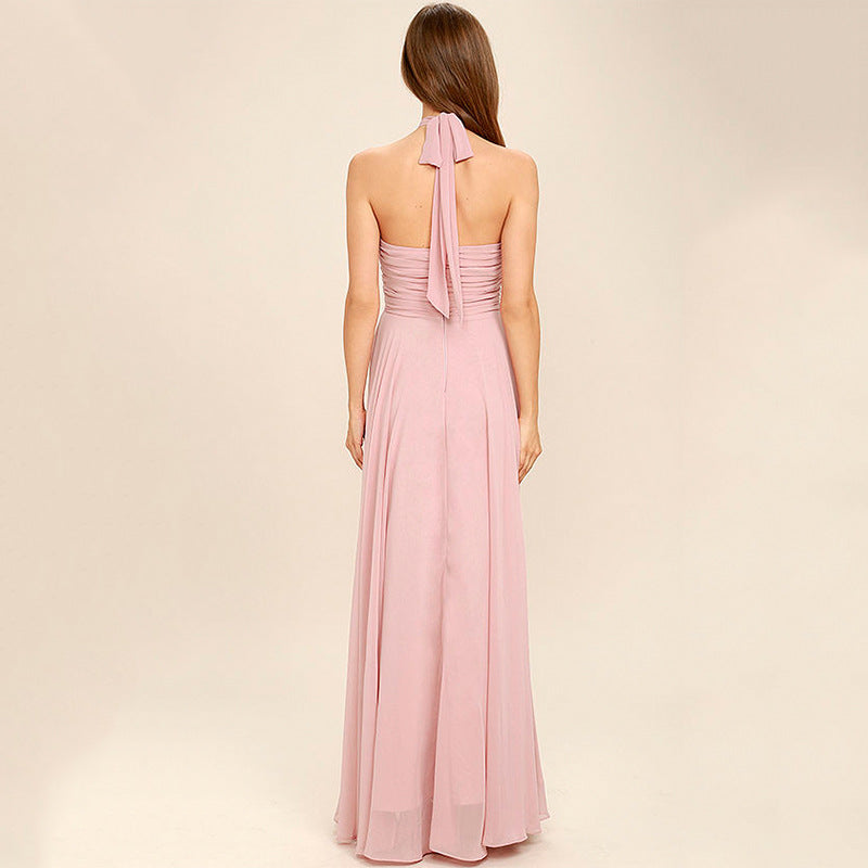 Women's Party Dress – Chiffon – A-line Cut – Halterneck – Pleated Waist – Floor-length