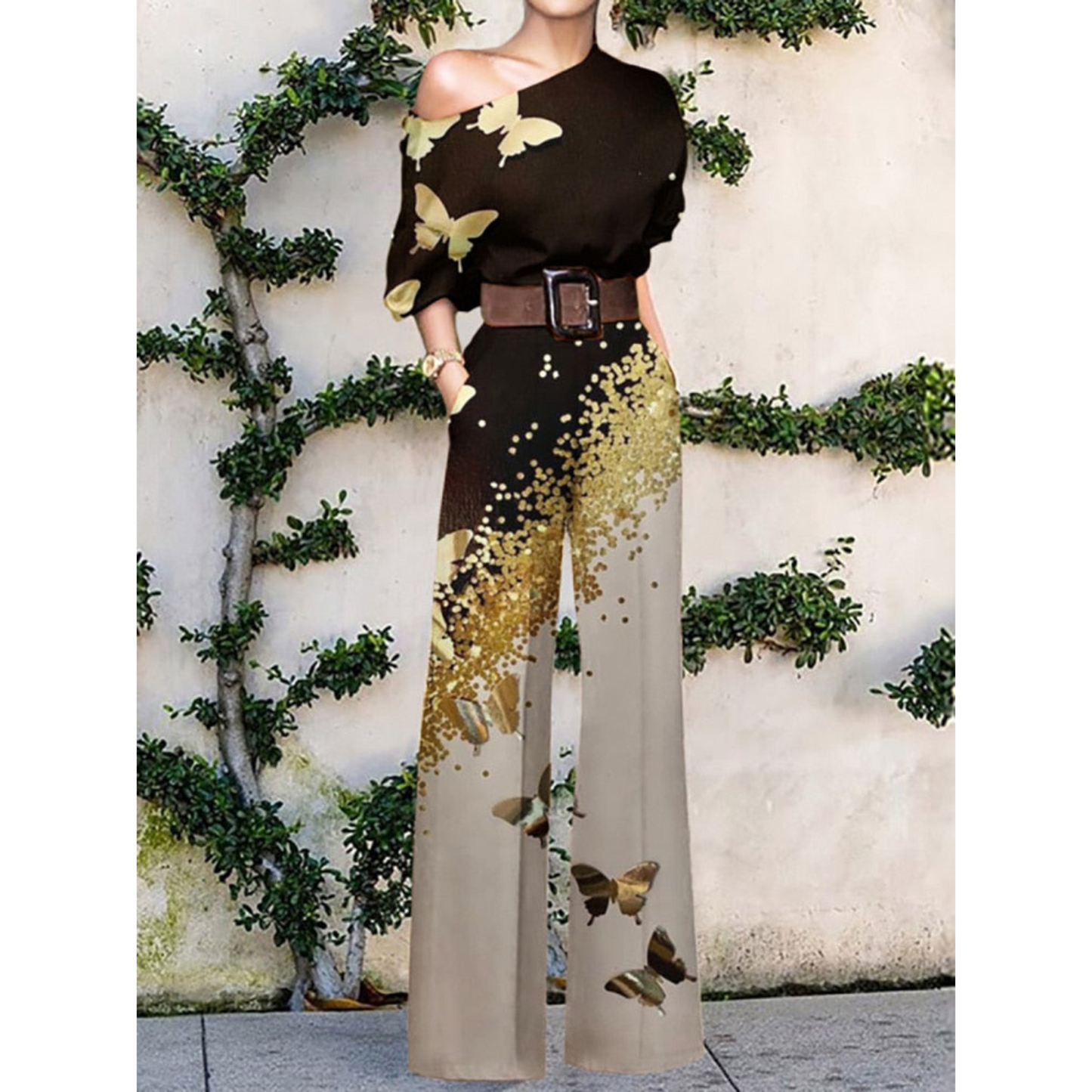 Women's Jumpsuit – One Shoulder – Butterfly Pattern – Loose Fit – Belt at Waist