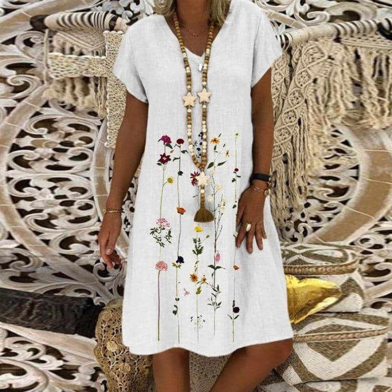Women's Dress - Loose Fit - Short Sleeves - Light and Breathable Linen - Embroidered Design