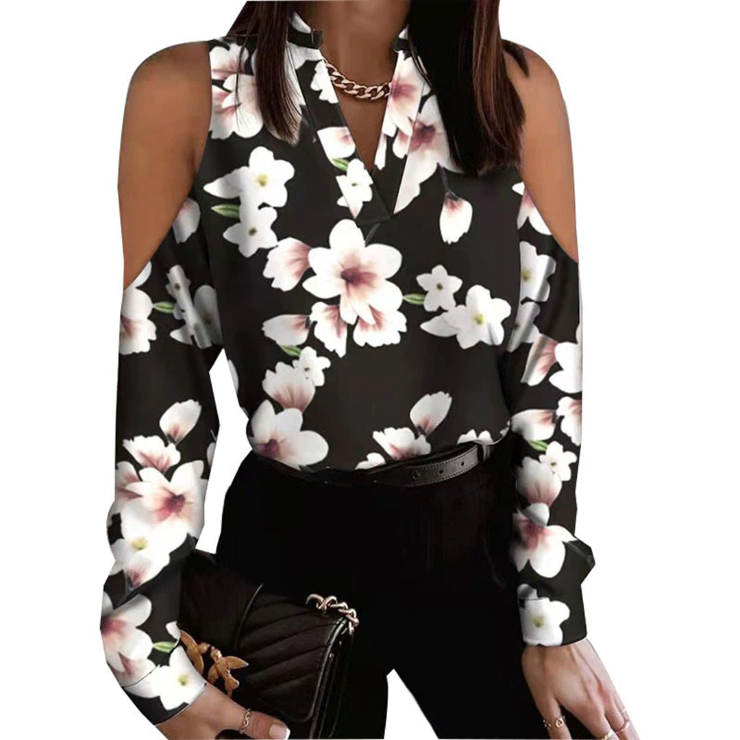 Women's Blouse - V-Neck - Cold Shoulder Design - Light and Airy - Heart Print