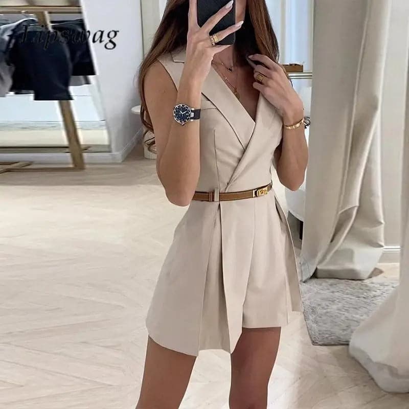 Women's Blazer-Style Romper - Sleeveless - Waist Belt - Elegant and Tailored