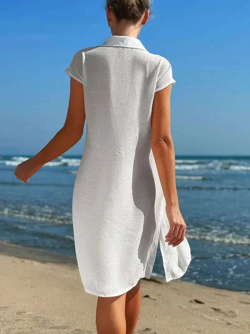 Women's Beach Dress - Lightweight Breathable Fabric - Short-Sleeved with Collar - Buttoned Design