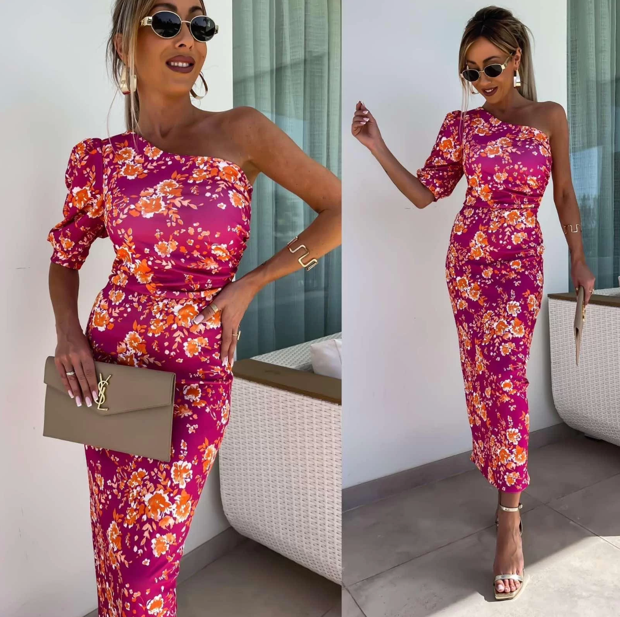 Women's Dress – Asymmetric Cut – One Shoulder – Floral Pattern – Elegant Midi Fit