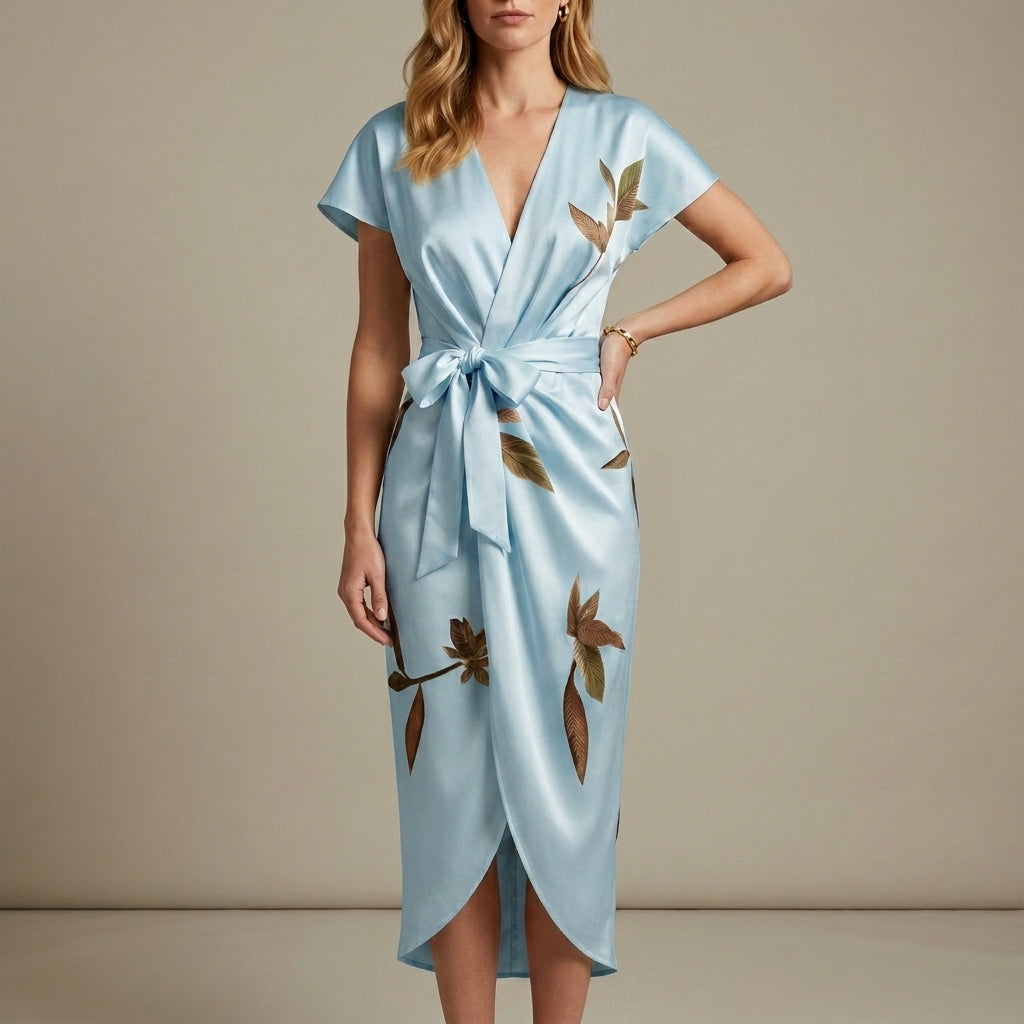 Floral Wrap Midi Dress for Women – Elegant Comfort & Timeless Style