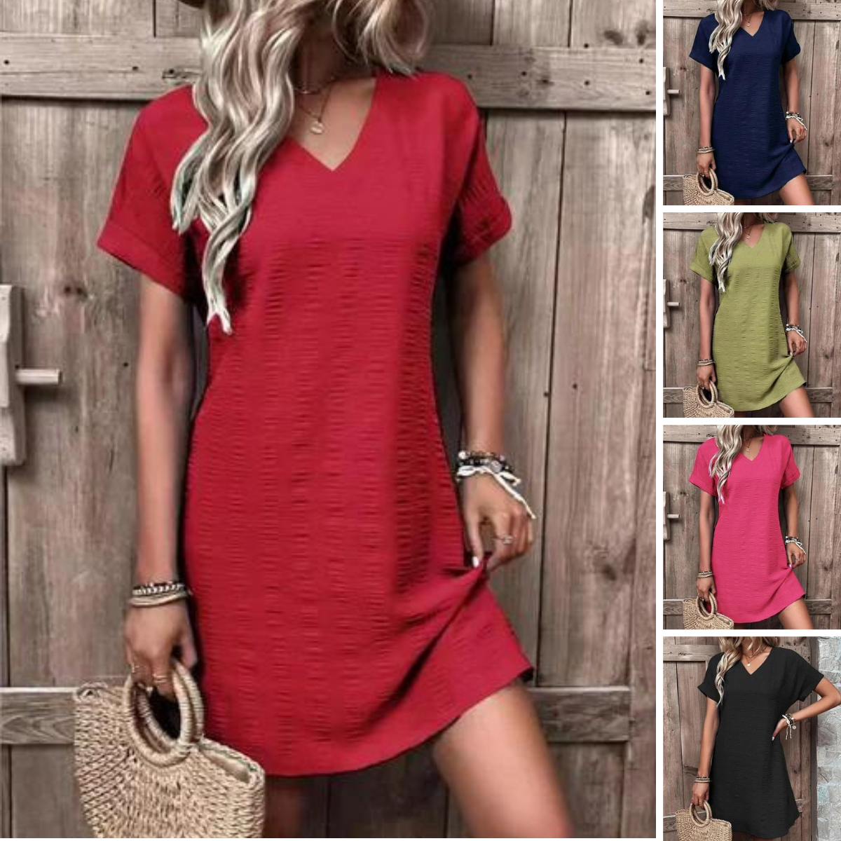 Women's Shirt Dress - Relaxed Fit - V-neck - Short Sleeves - Comfortable Everyday Style