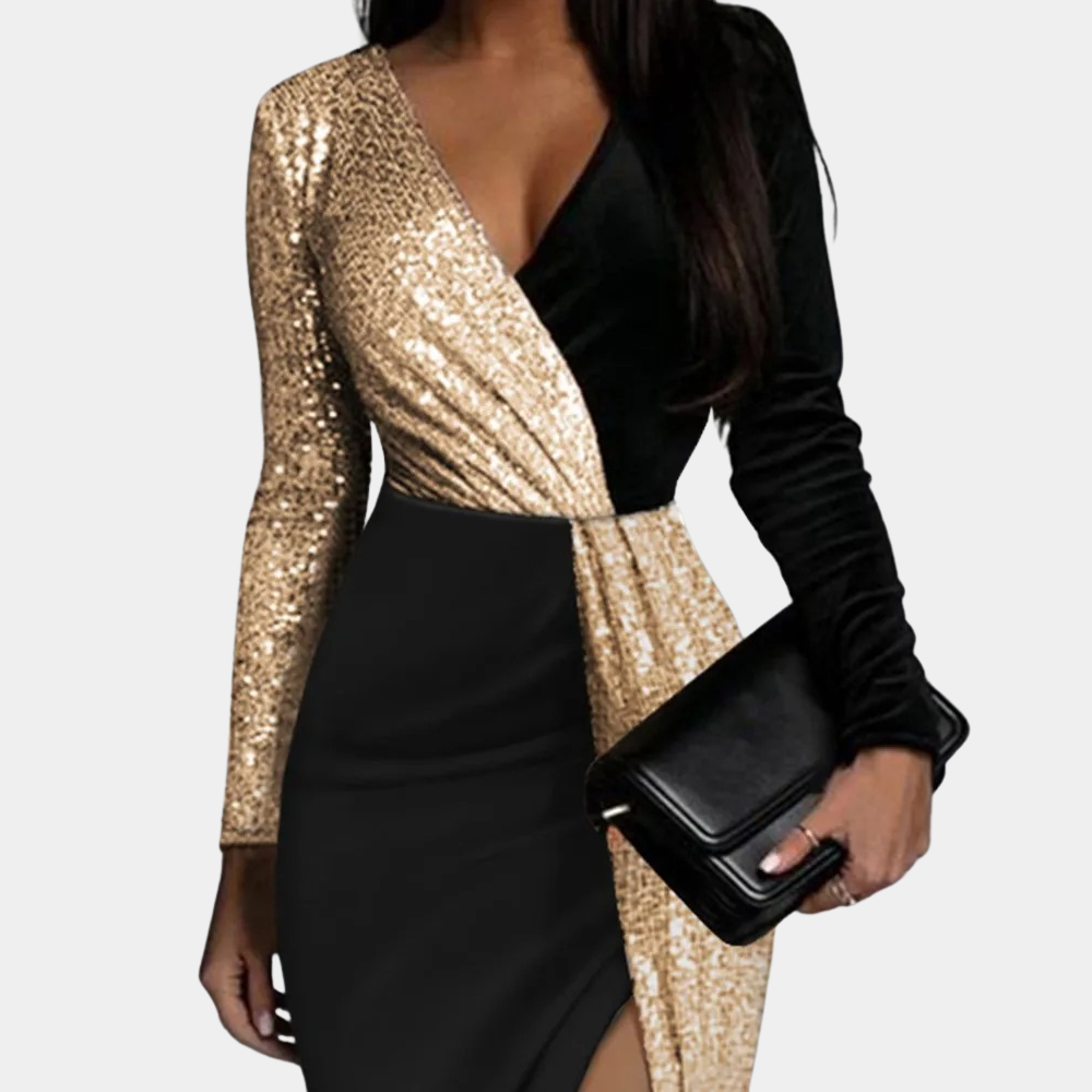 Women's Party Dress - V-Neck Wrap Design - Sequins & Stretch Fabric - High Slit