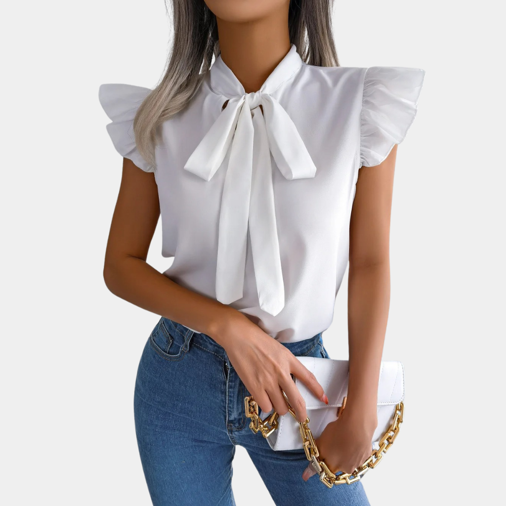 Women's Blouse - Short Sleeves - Bow Collar - Light and Elegant Fit