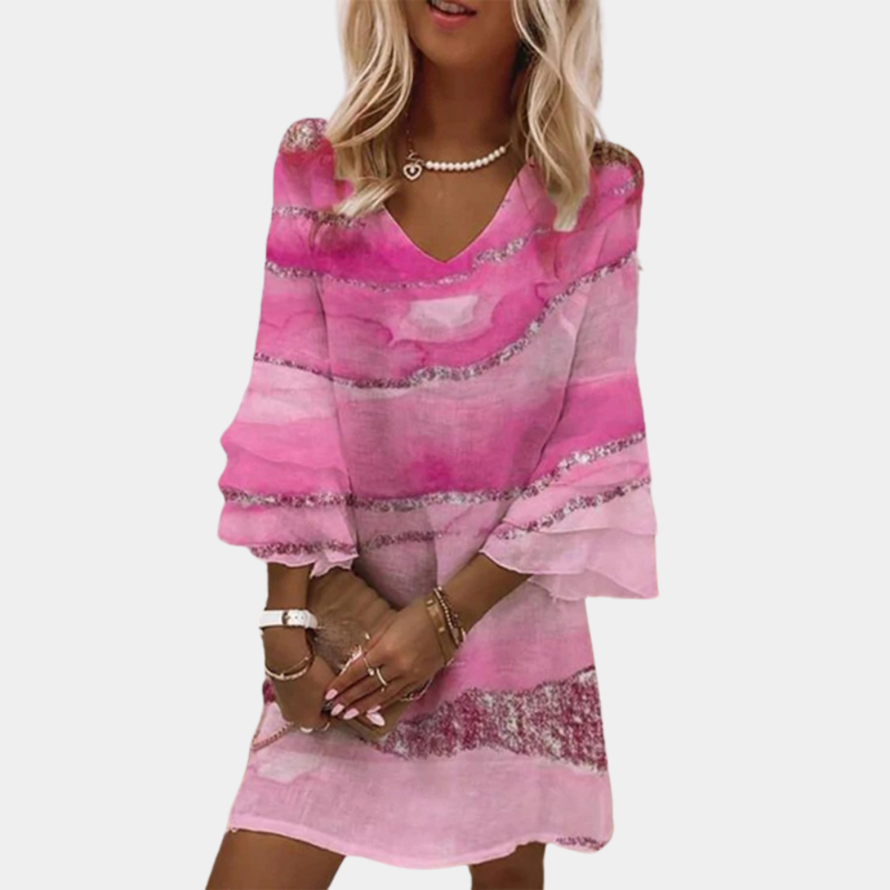 Women's Dress - V-Neck - Loose Fit - Short Sleeves - Artistic Pattern - Mini Length