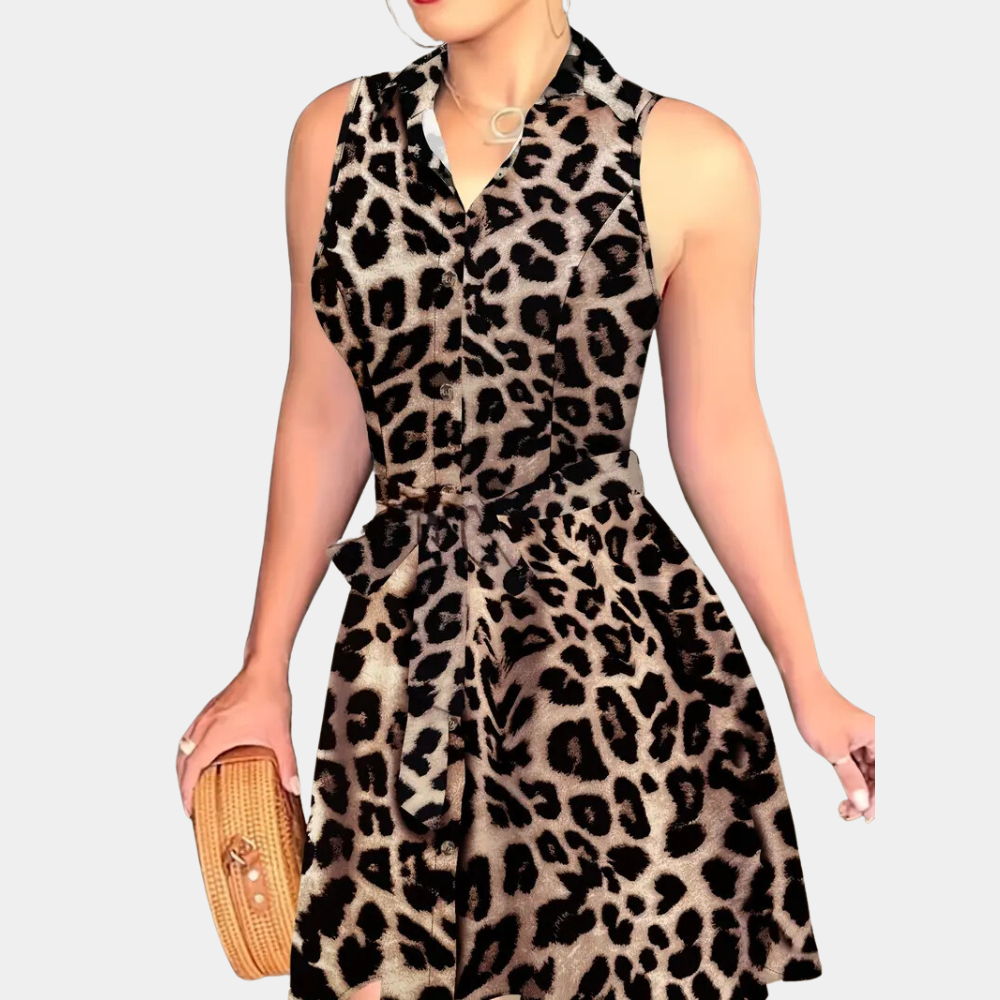 Women's Shirt Dress - Sleeveless A-line - Button Closure - Waist Belt - Elegant Look