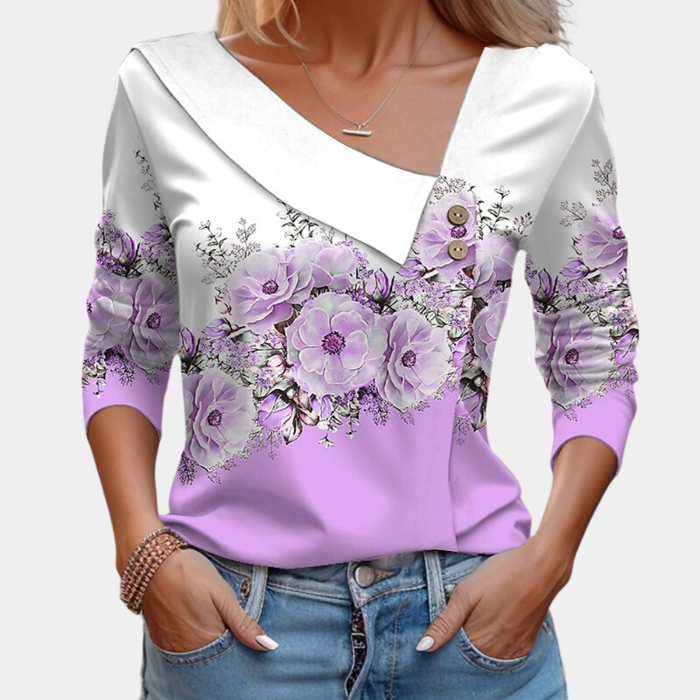 Women's Blouse - Asymmetric Neckline - 3/4 Sleeves - Elegant Floral Design