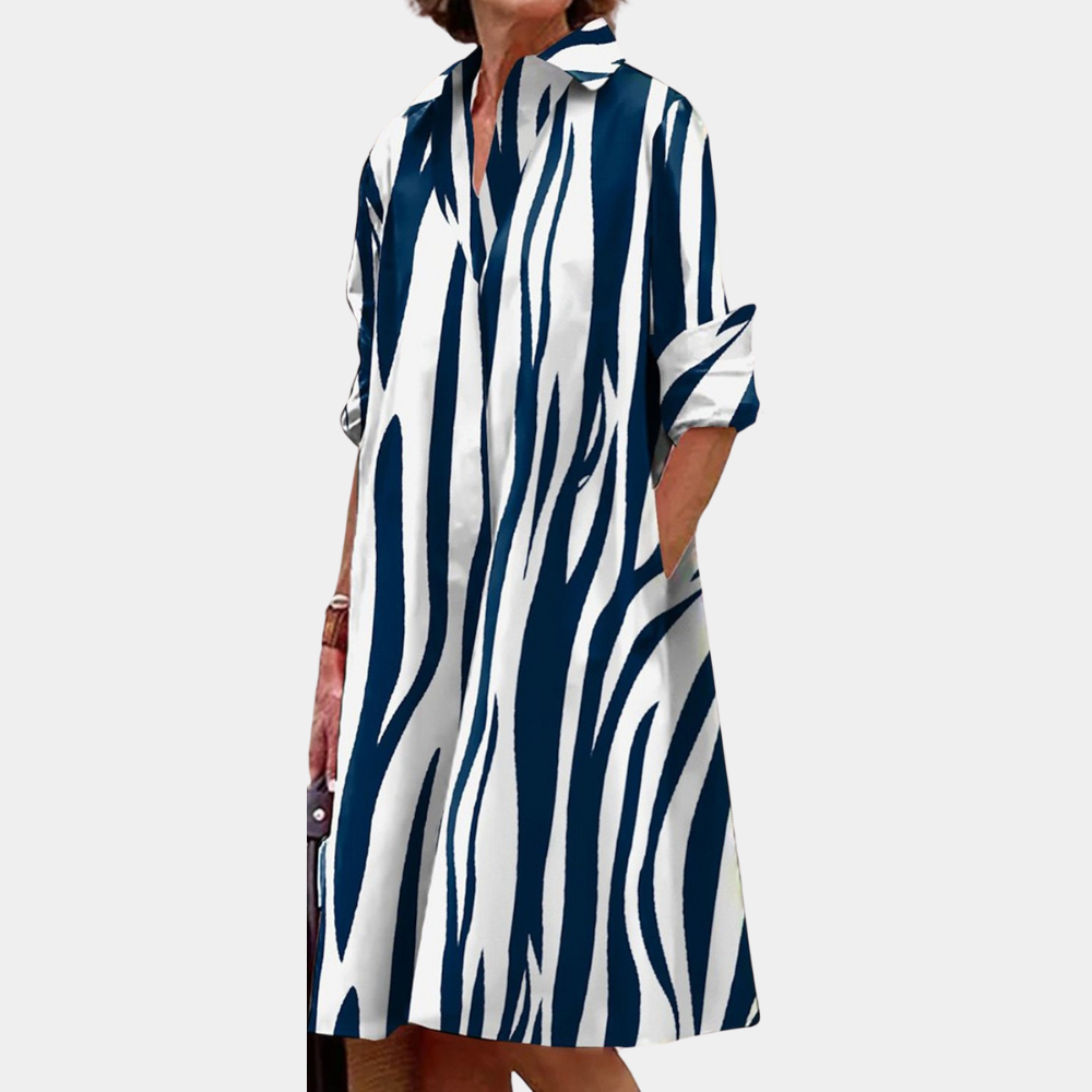 Women's Dress - A-line Fit - V-neck - 3/4 Sleeves - Geometric Pattern - Knee-length