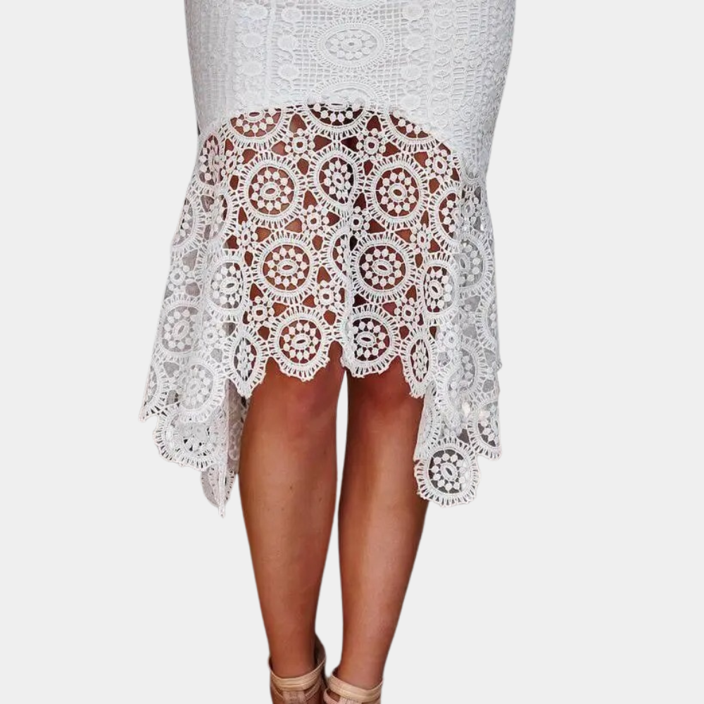 Women's Dress - Fitted Cut - Lace & Ruffle Details - High-Low Hem - Elegant Party Look