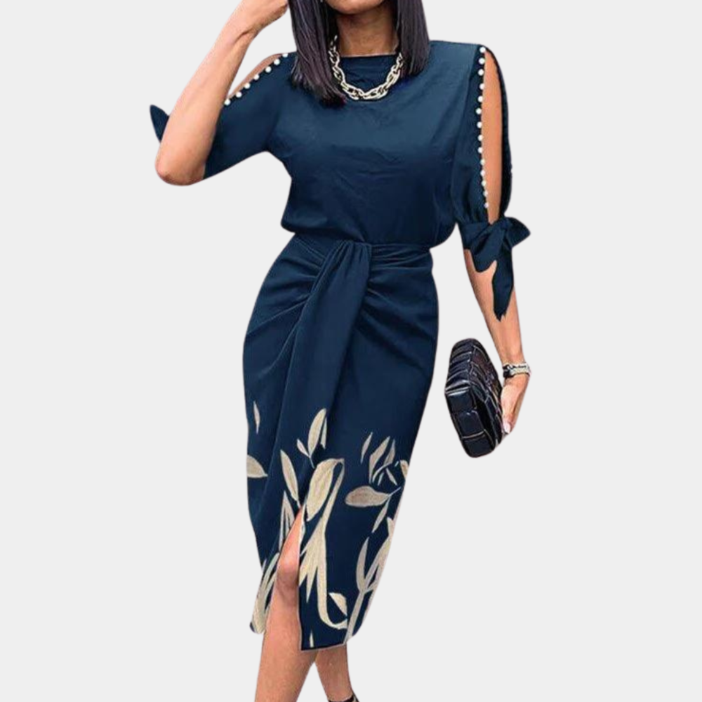 Women's Midi Dress - Tailored with Button Details - Slit and Tie Belt - Elegant Design