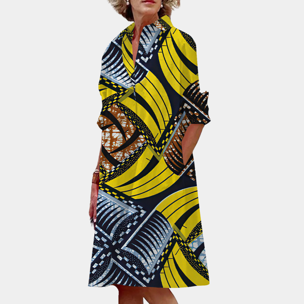 Women's Dress - Abstract Pattern - High Collar - 3/4 Sleeves - Loose Fit - Knee Length