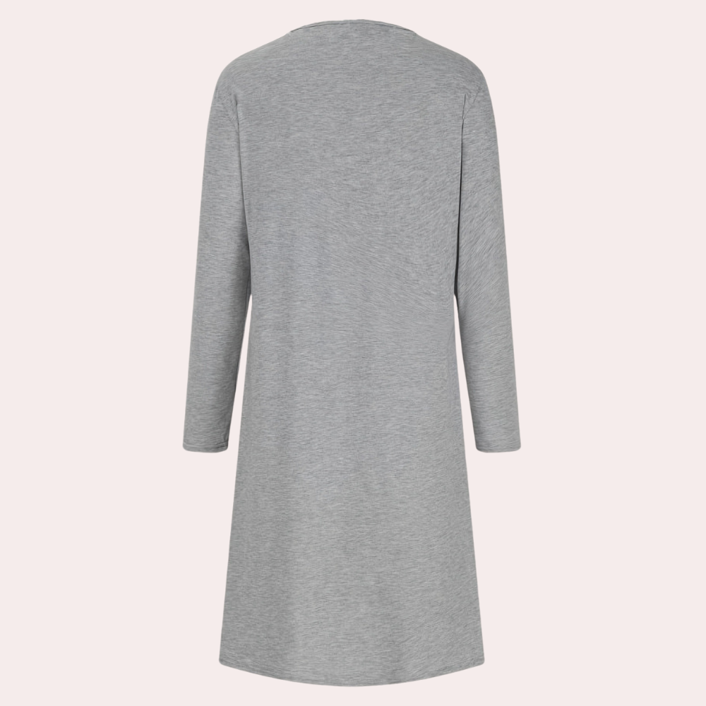 Women's Dress - Asymmetric Design - V-Neck - A-Line - Button Details - Long Sleeves