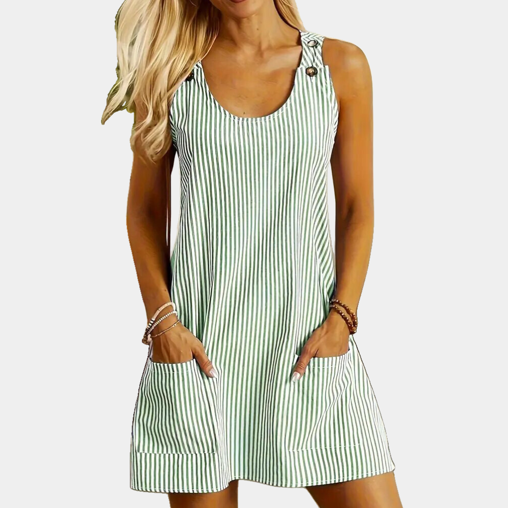 Women's Dress - Sleeveless A-line - Button Details & Pockets - Light and Breathable