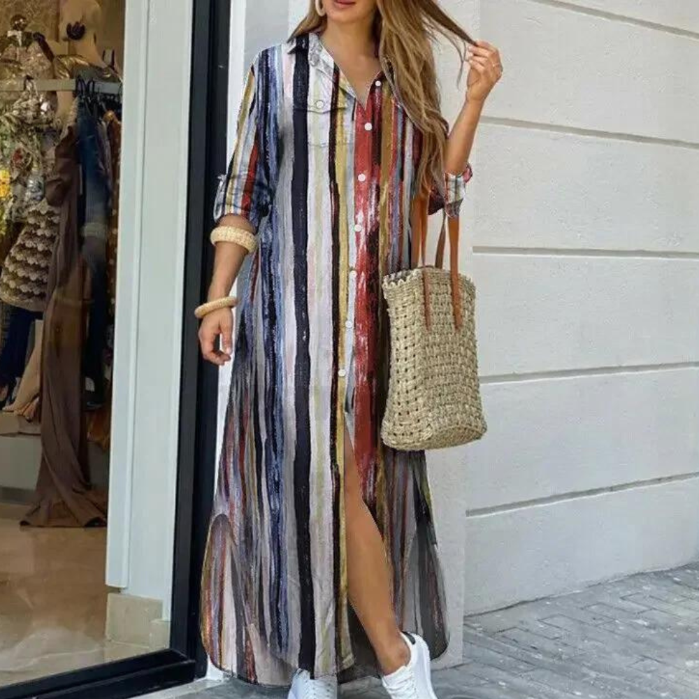 Women's Shirt Dress - Maxi Length - Button Closure - Camouflage Print - Casual Look