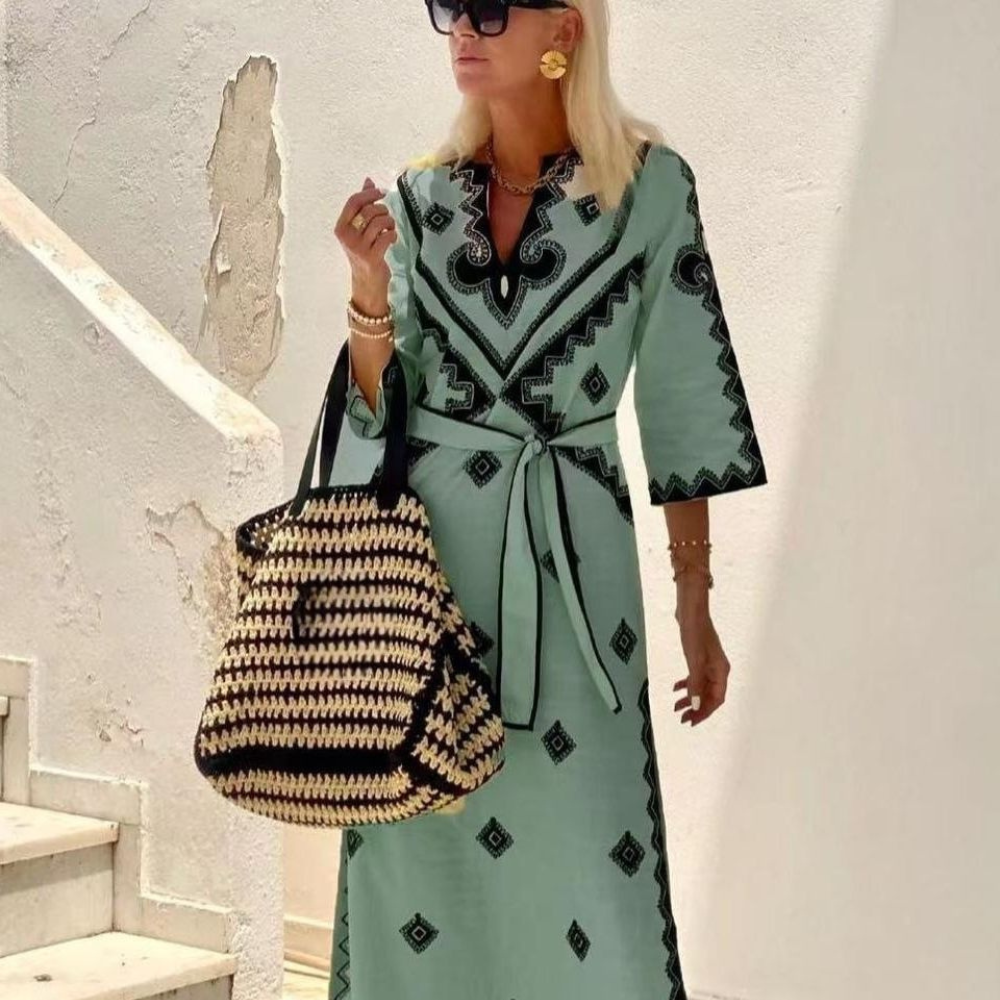 Women's Maxi Dress - Embroidered Pattern - 3/4 Sleeves - V-Neck - Tie Belt - Loose Fit