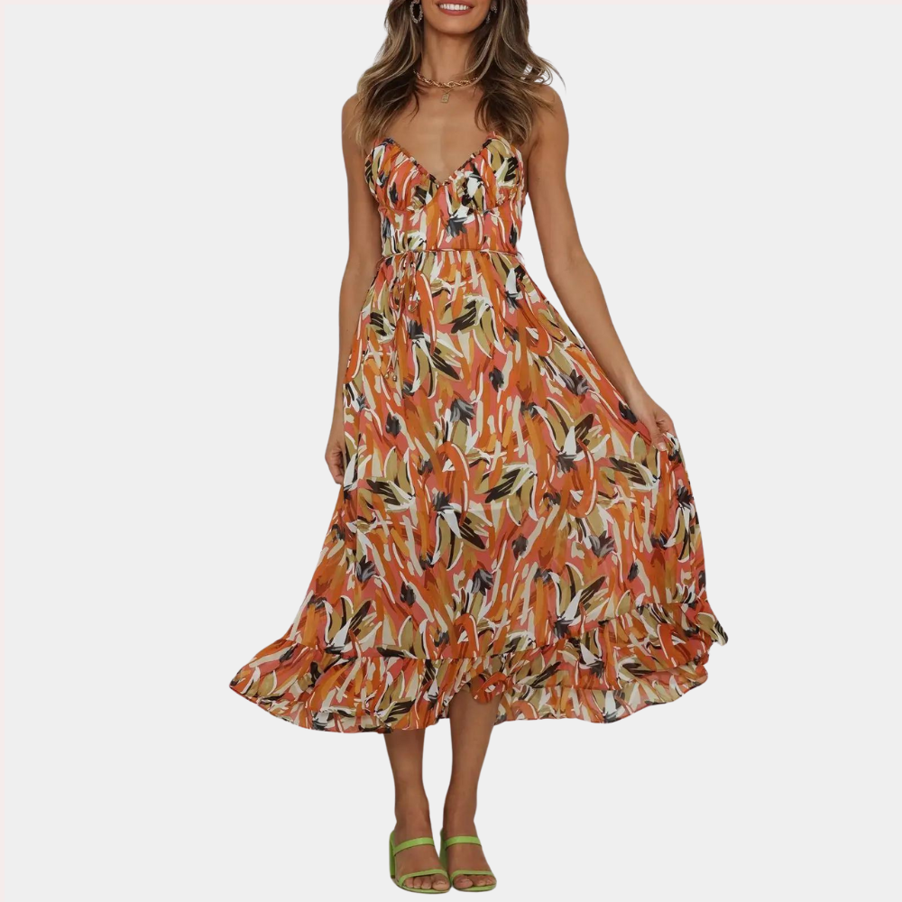 Women's Midi Dress - Abstract Print - Spaghetti Straps - Flowy Fit - Elegant Look