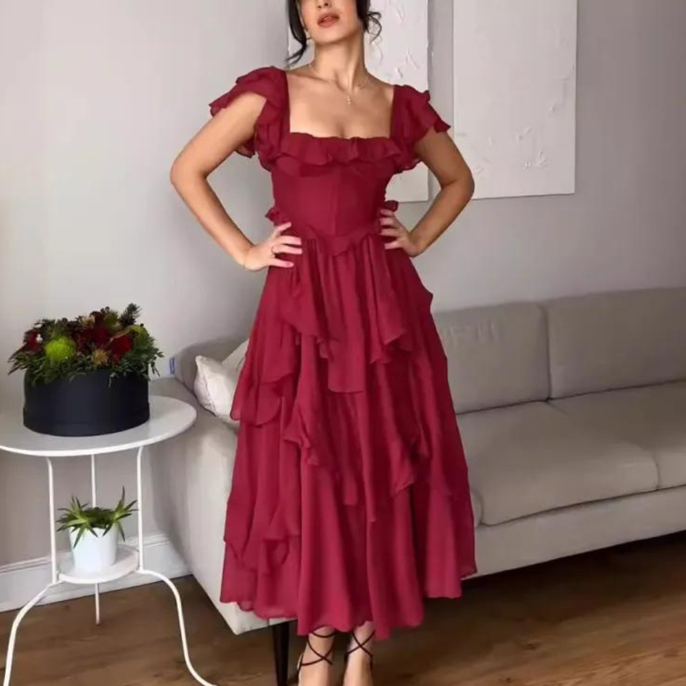 Women's Off-Shoulder Midi Dress - Ruffled Design - Elegant and Lightweight - Party Dress