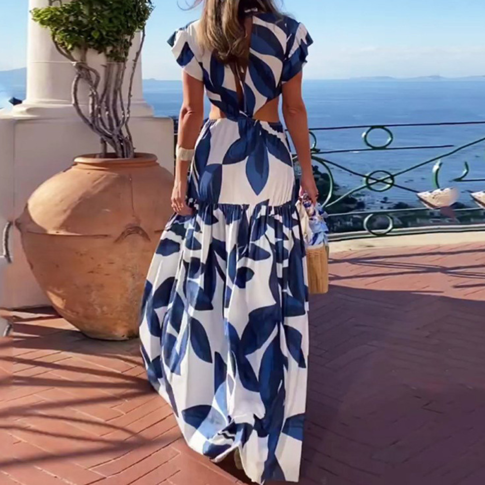 Women's Maxi Dress - V-neck - Cut with Belt - Ruffle Sleeves - Light and Airy