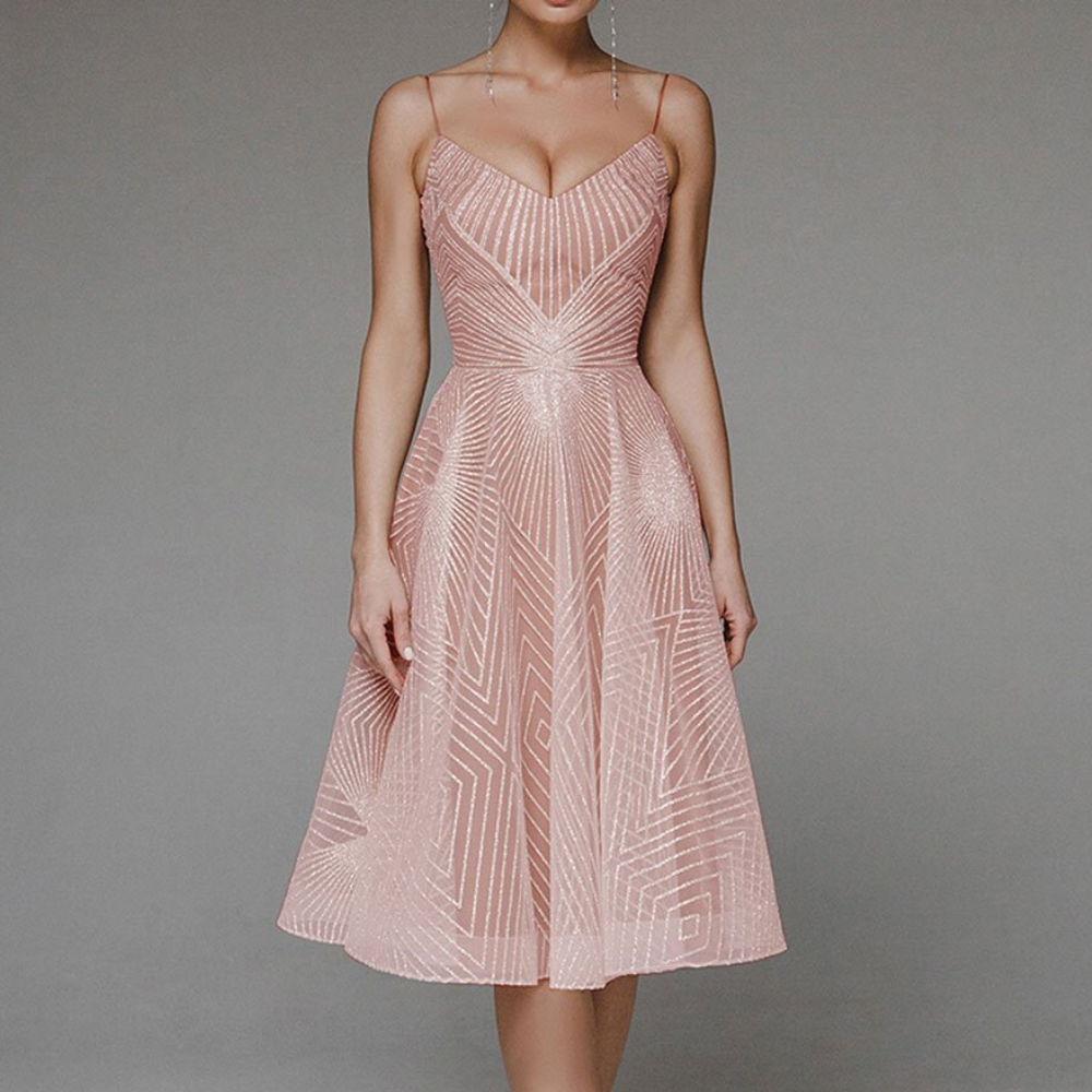 Women's Dress - A-line Cut - V-neck - Spaghetti Straps - Midi Length - Shiny Pattern