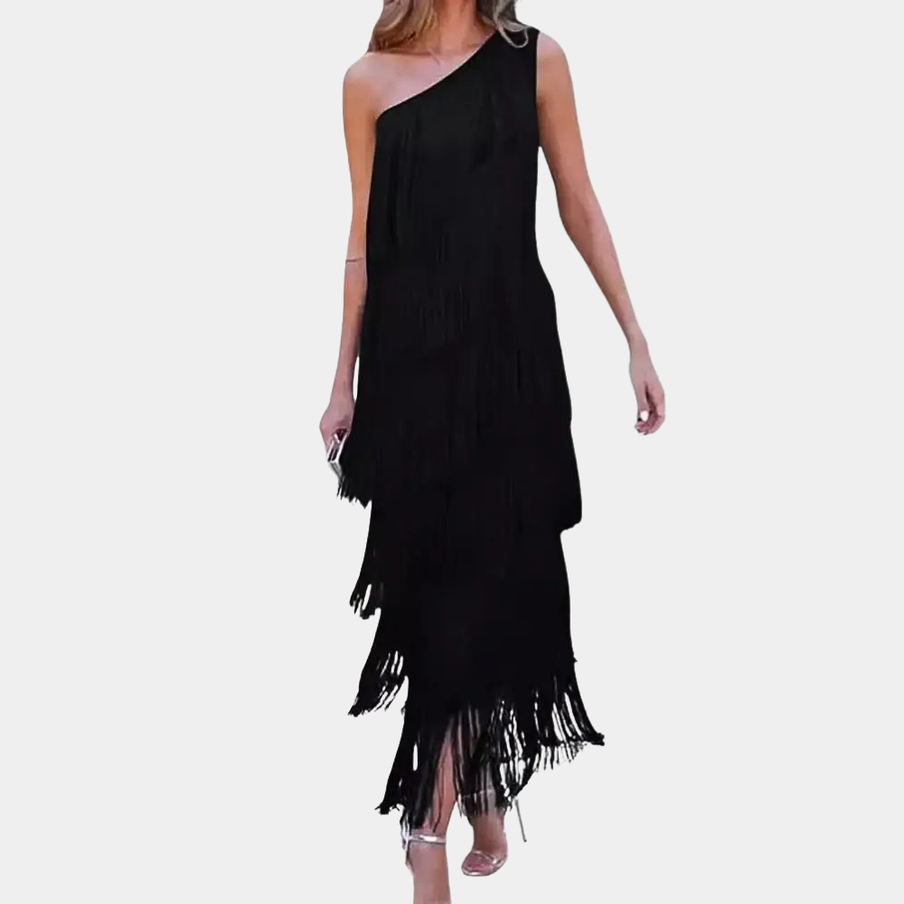 Women One-Shoulder Dress - Asymmetric Neckline - Long with Fringes - Elegant Evening Dress