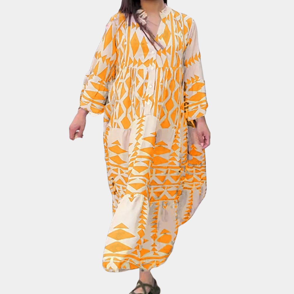 Women's Maxi Dress - Long-Sleeved Loose Fit - V-Neck & Button Closure - Boho Pattern