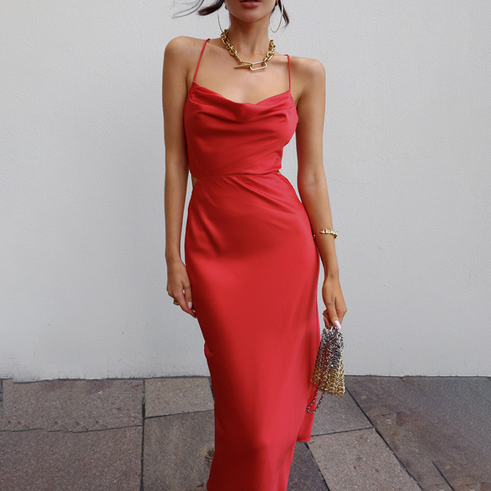Women's Slip Dress - Satin Silk Look - Cowl Neck - Elegant Midi Party Dress