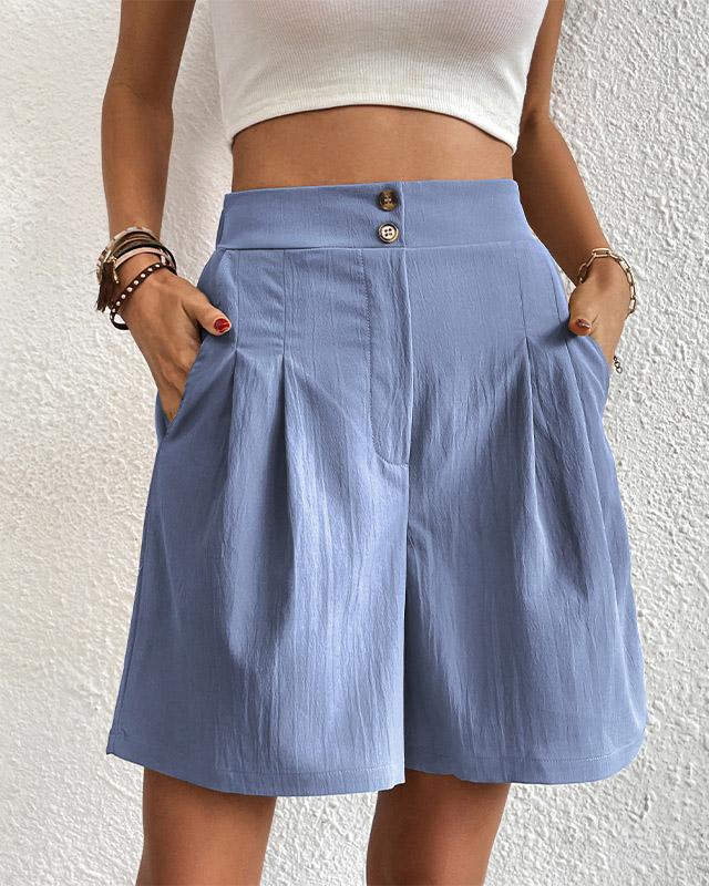 Women's Shorts - High-Waisted - Tailored Fit - With Pockets - Button Closure