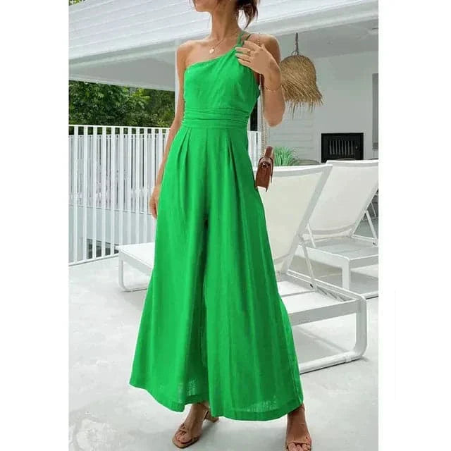Women's Jumpsuit - One Shoulder Asymmetric - Flowing Fit - Elegant Wide Legs