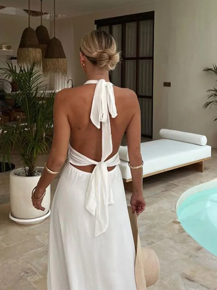 Women's Maxi Dress - Halterneck - Fitted Waist - High Slit - Elegant and Airy
