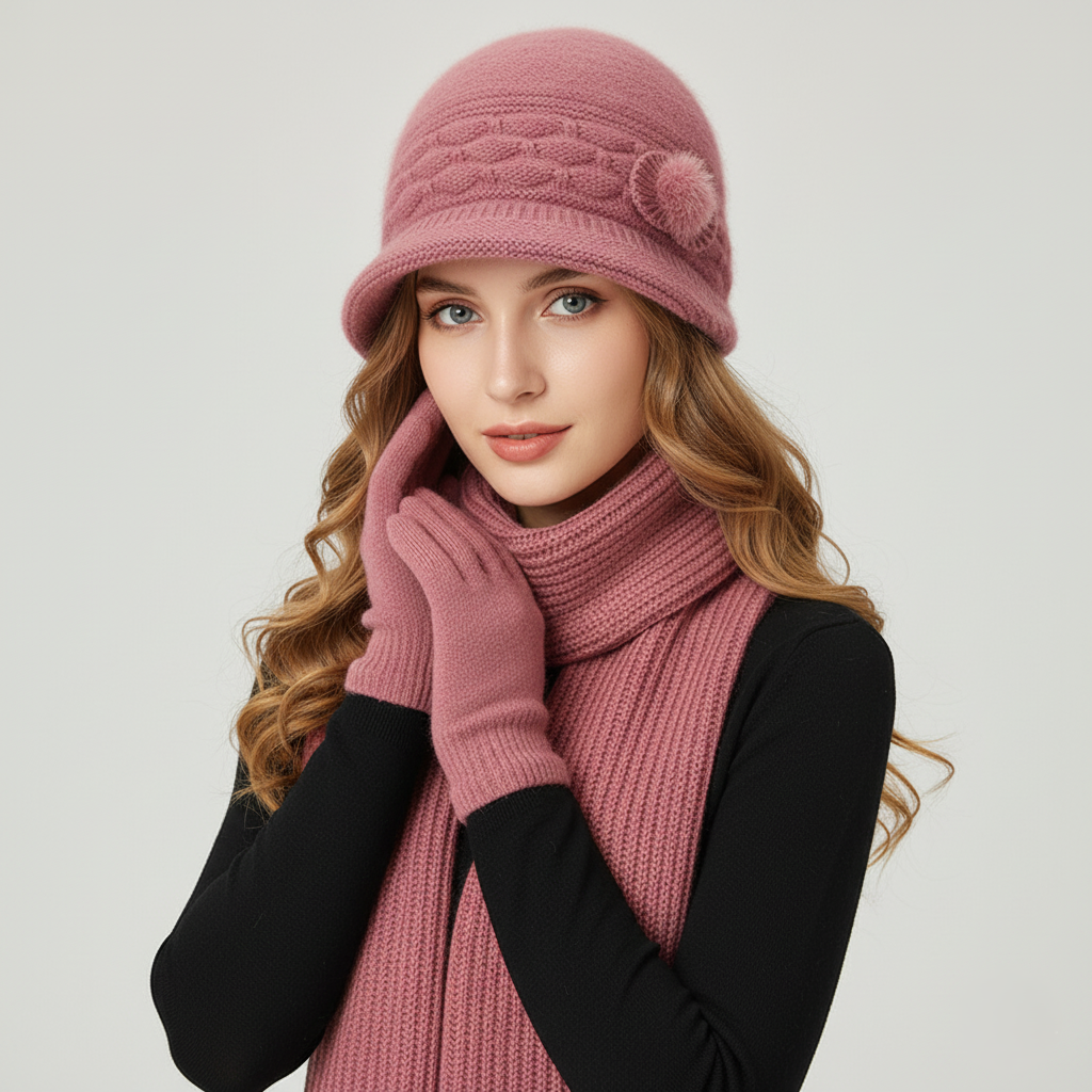 Nora Knit Cloche Hat – Pom Detail – Textured Diamond Stitch
