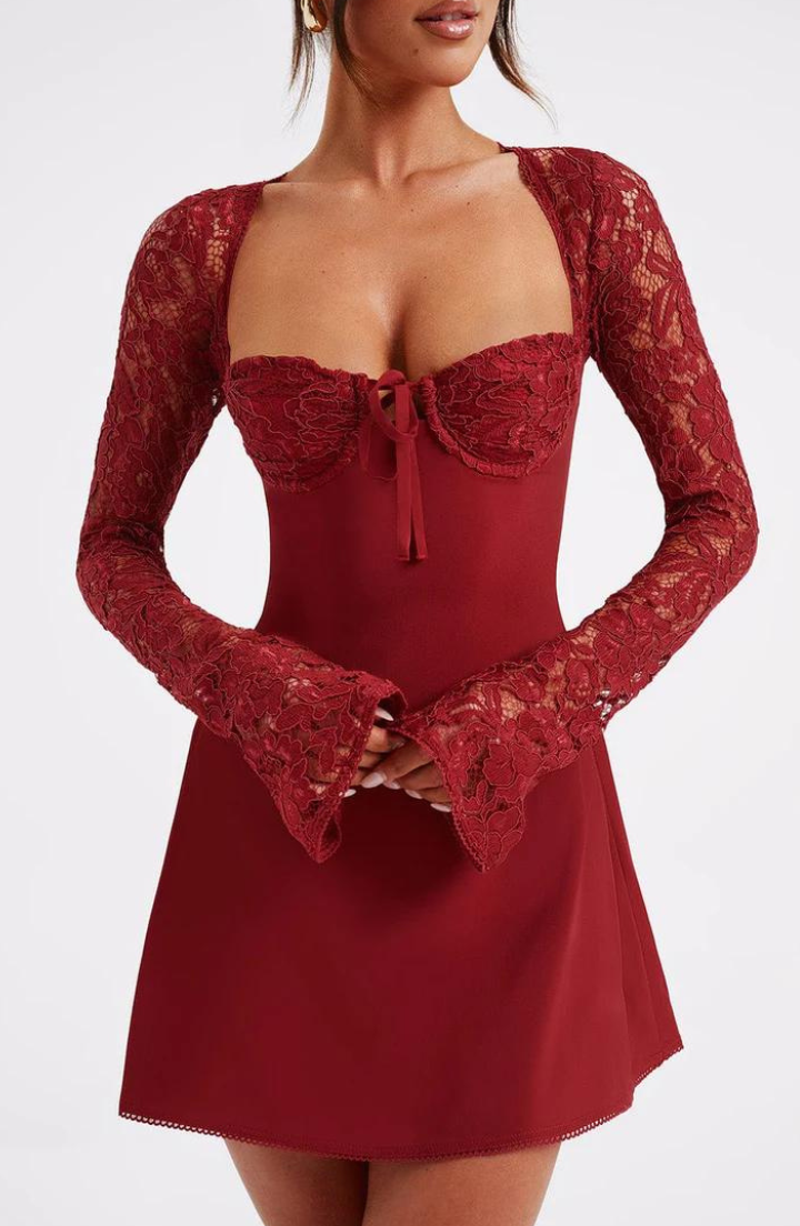 Women Mini Dress - A-line Fit - Lace and Bow Details - Long Sleeves