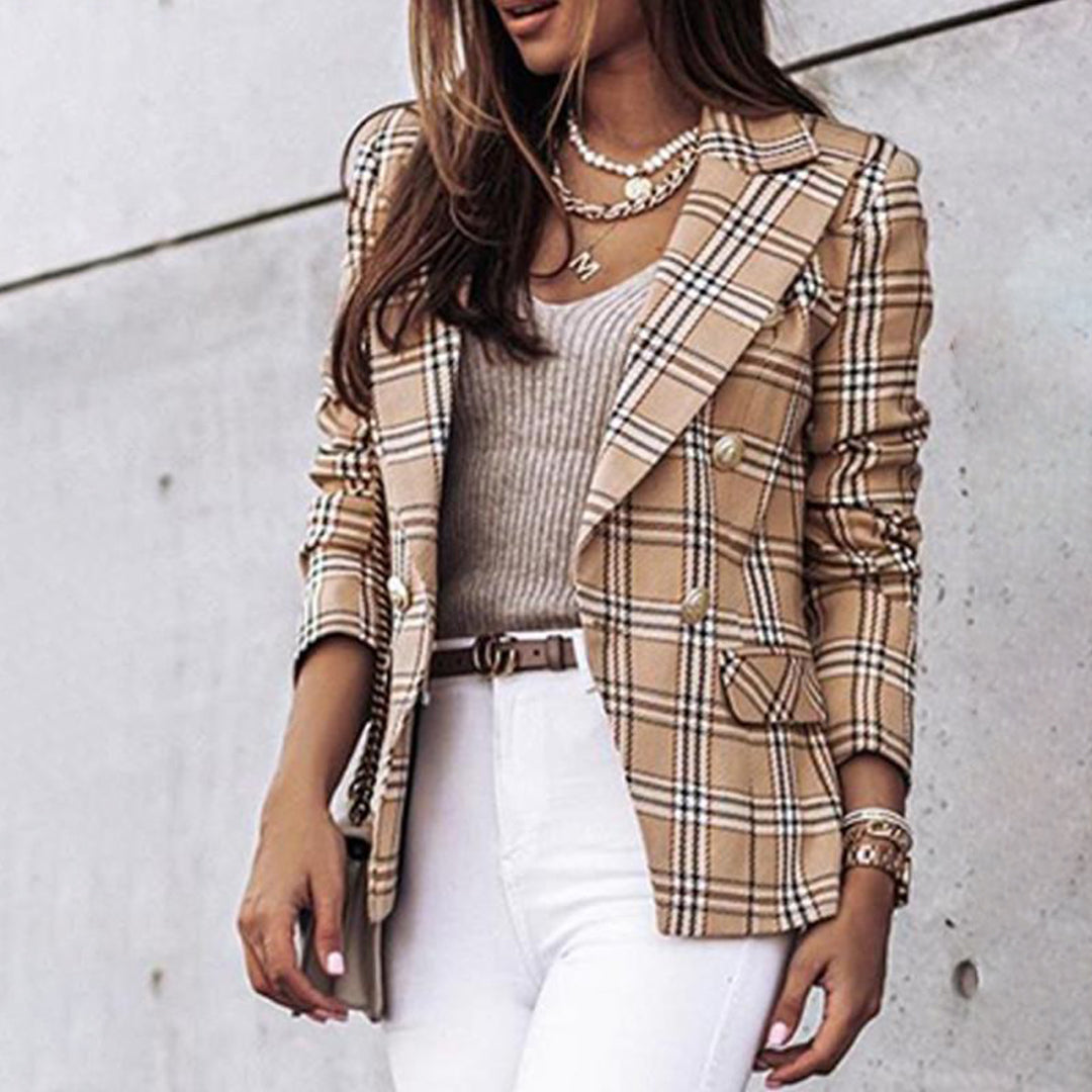 Women's Blazer - Checkered Pattern - Tailored Fit - Double-Breasted with Buttons - Classic Look