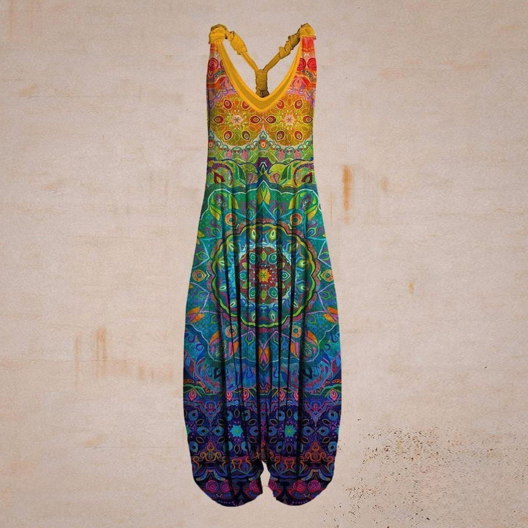 Women's Jumpsuit – Loose-Fitting Harem Style – Sleeveless V-Neck – Bohemian Casual Look