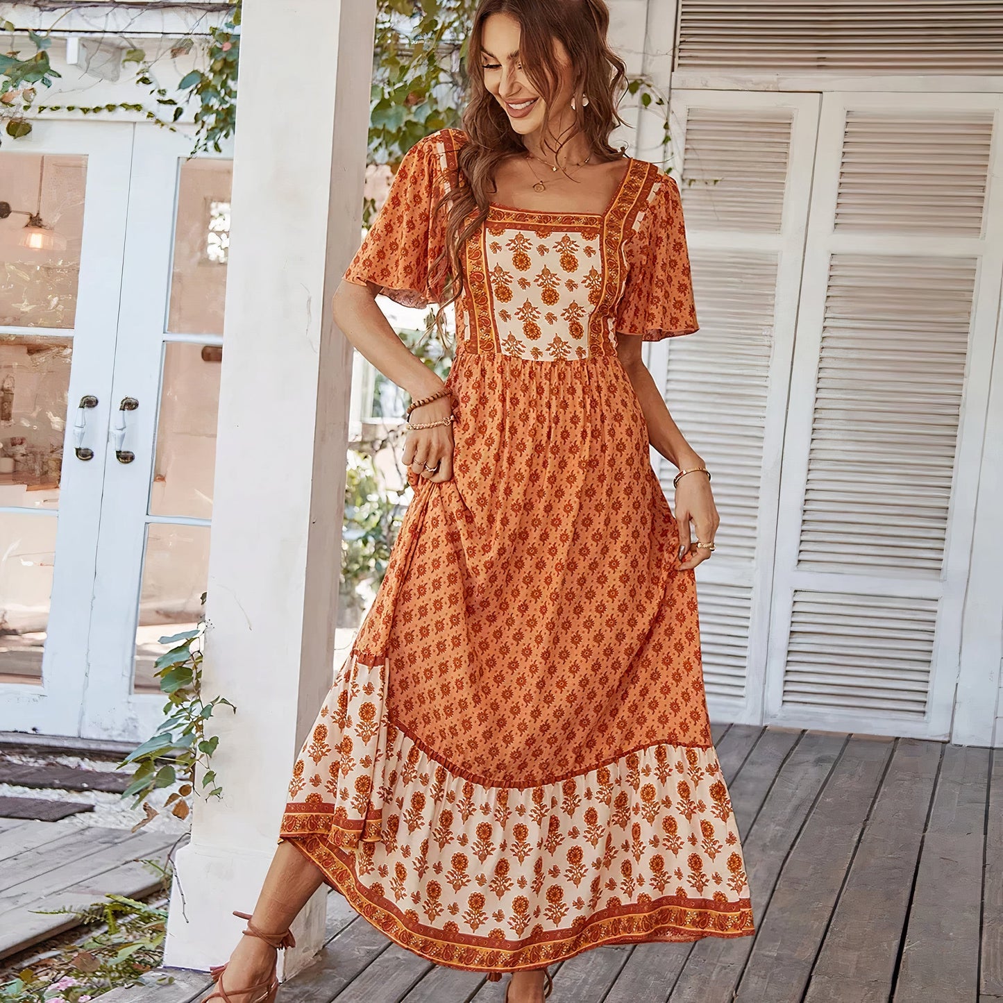 Women's Maxi Dress - Bohemian Style - Short Ruffle Sleeves - Floral & Geometric Pattern
