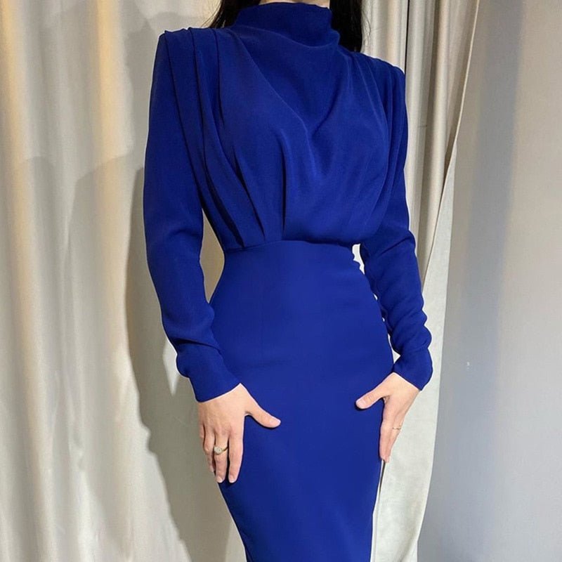 Women's Dress - Elegant Fit - Knee Length - Long Sleeves - High Round Neck
