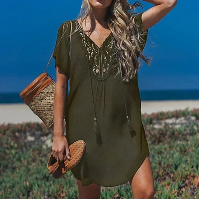 Women's Beach Kimono – Relaxed Fit – Light Breathable Quality – Crocheted V-Neck