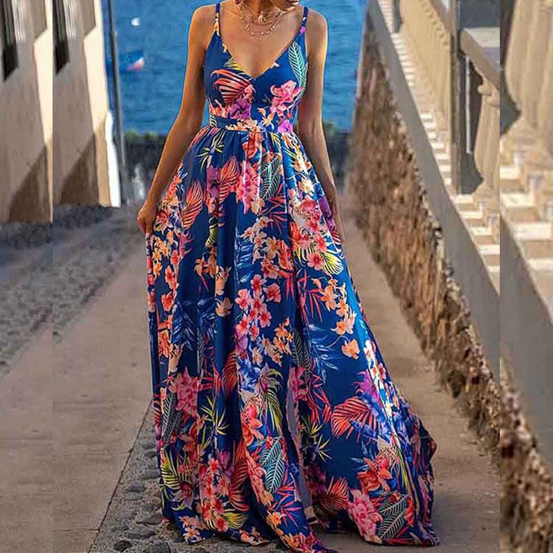 Maxi Dress for Women – A-line Fit – Spaghetti Straps – Deep Neckline – Print Layer