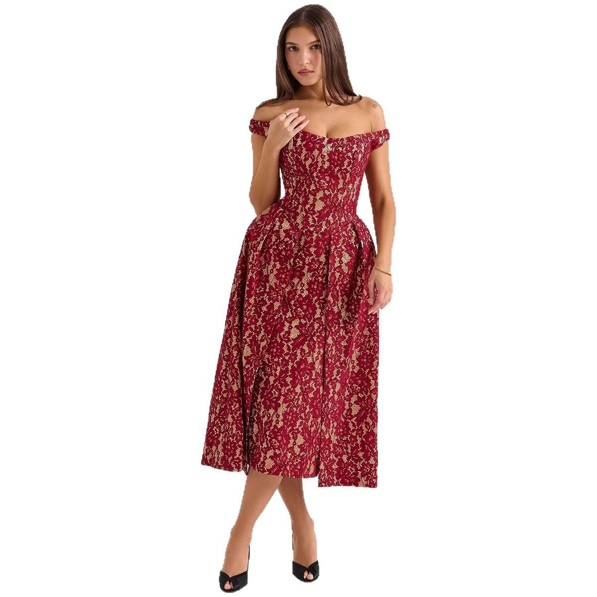 Dress for Women – Lace – Off-Shoulder – Open Back – Fitted Cut – Long Model
