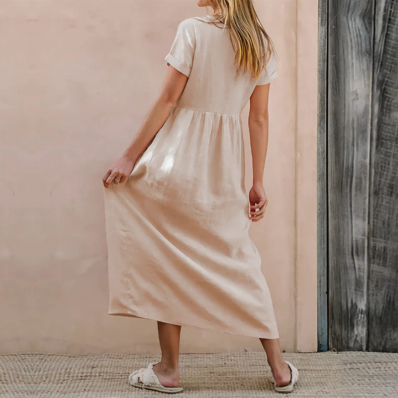 Women's Dress – Loose Fit – V-Neck with Buttons – Midi – Cotton-Linen Mix
