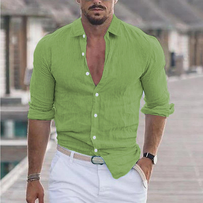 Men's Shirt - 100% Linen - Mandarin Collar - Long-Sleeved Light and Breathable